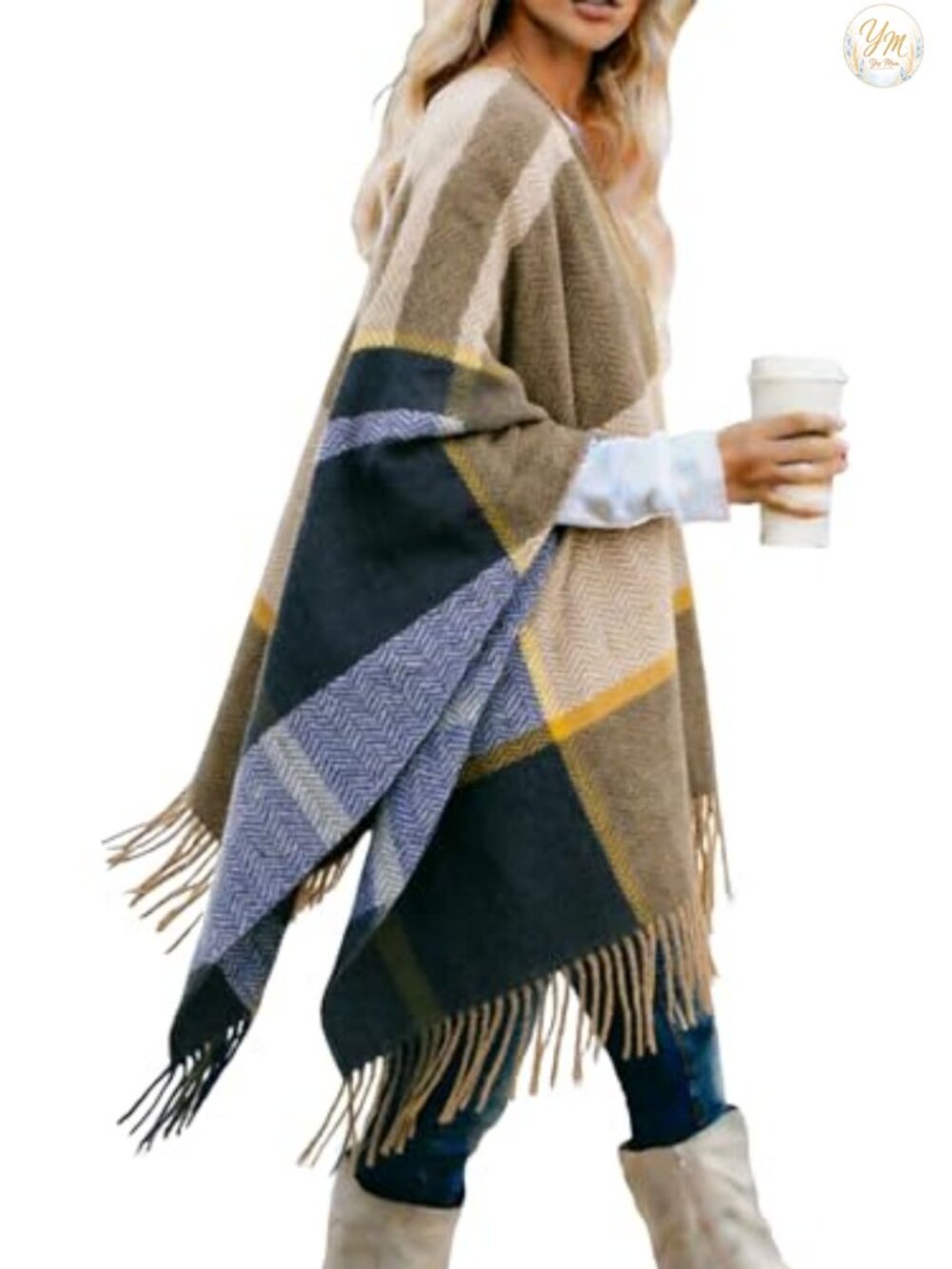 Womens Ruana Shawl Wrap Plaid Poncho Cape Winter Fall Fringe